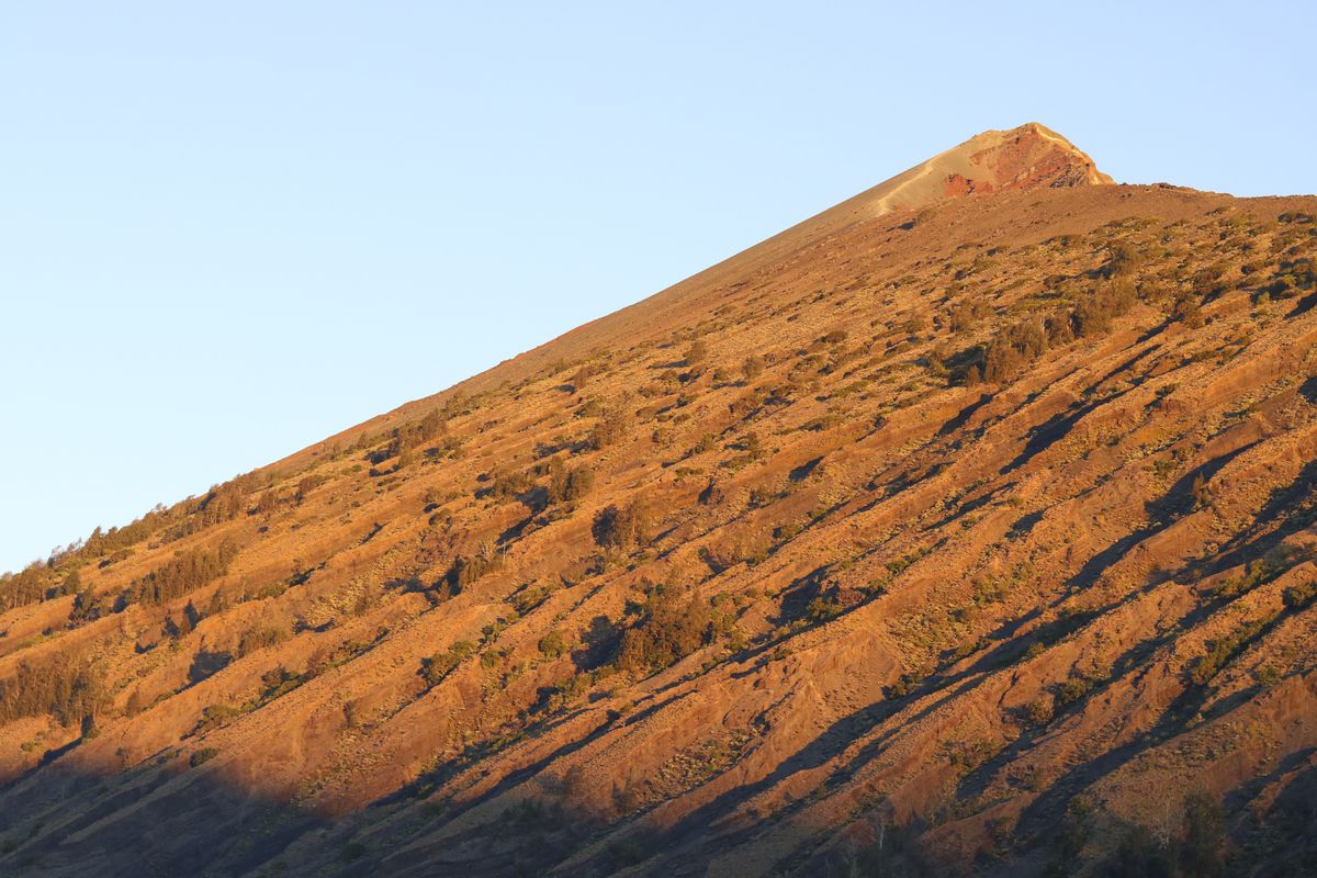 The bare volcanic slope leading up to Rinjani's summit in early morning light, with no path visible